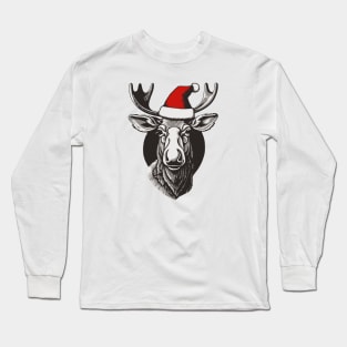 Christmas Moose with Santa Hat Long Sleeve T-Shirt